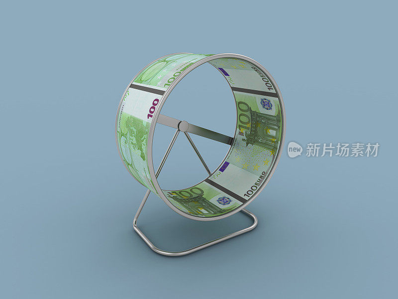 运动仓鼠车轮与欧元纸币- 3D渲染
